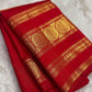 Deep Vermilion Red pure silk Kanchipuram Varisaipet saree, full saree folded for display.