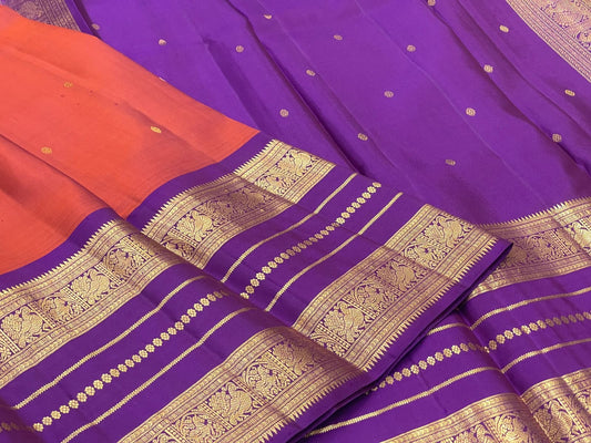 Kathiripoo Purple pure silk Kanchi Pattu Varisaipet saree with rust-orange contrast.