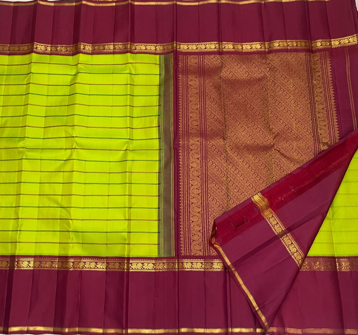 Kili Pachai Green Handwoven Pure Silk Kanjipuram Saree with Rettapet Border and Veldhari Stripes, silk body close-up