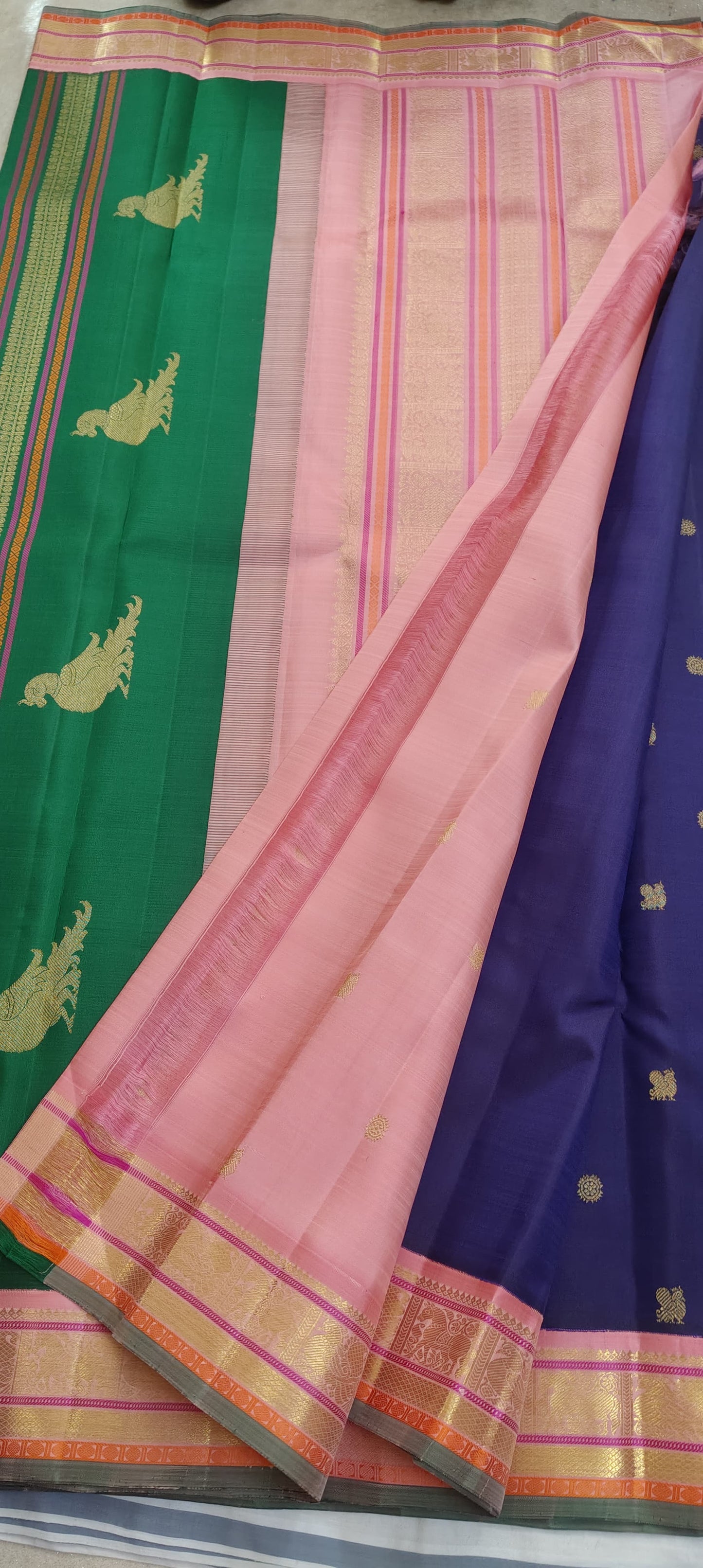 Korvai Kanchana Deep Purple With Blush Pink And Forest Emerald Double Korvai Pallu Kanchipuram Silk Saree