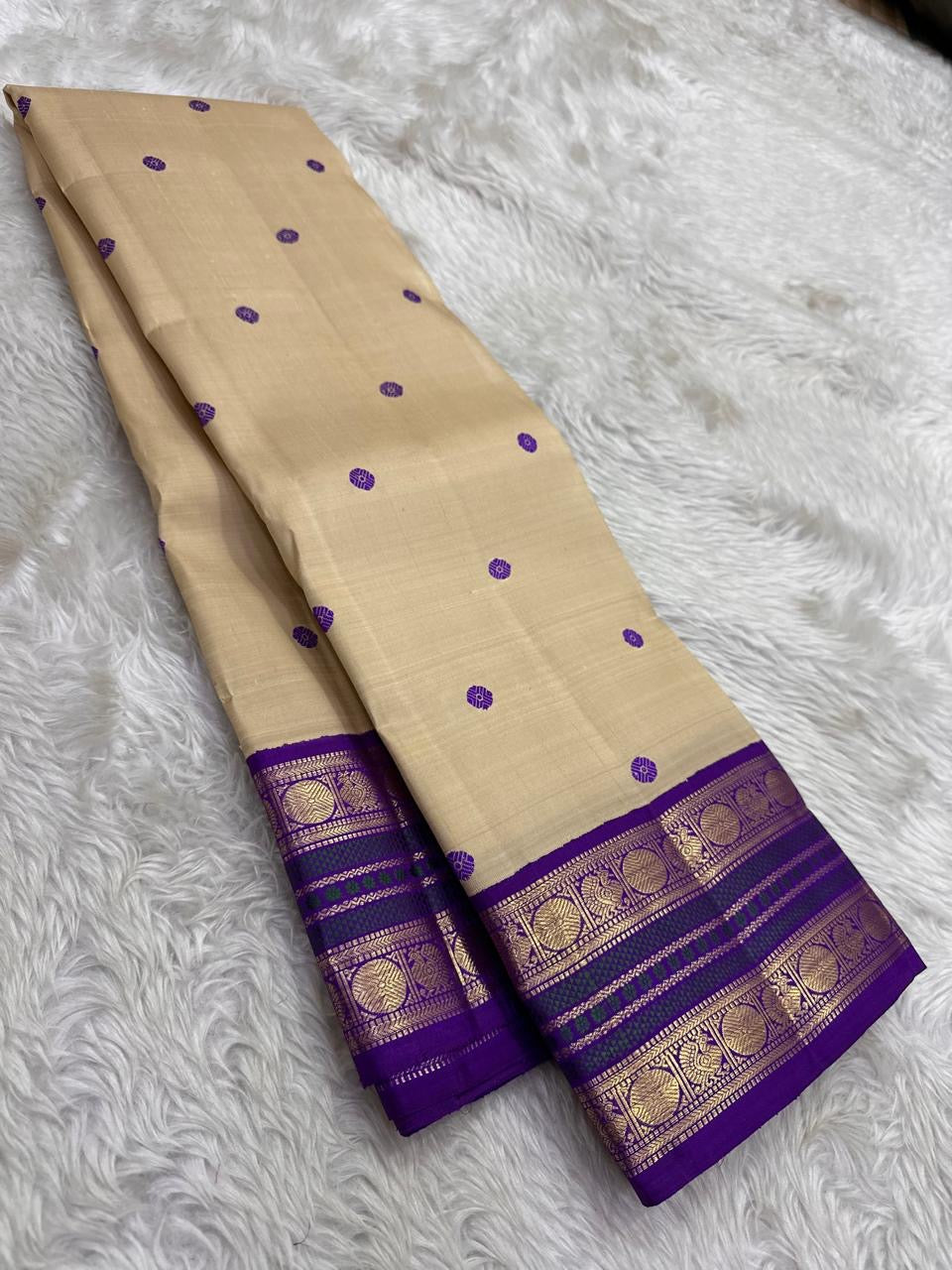 Korvai Kanchipuram saree warm sandal beige with regal violet border – pallu detail