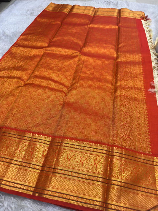 Korvai Kanchi Pattu silk saree with antique gold zari border detail