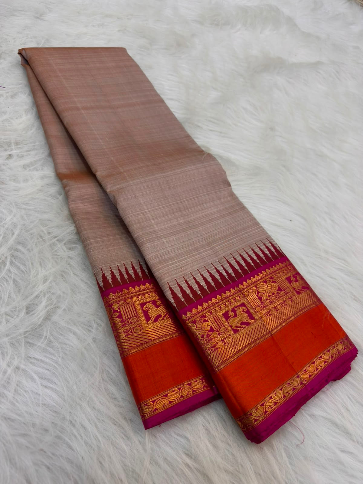 Warm Beige and Magenta handwoven pure silk Kanchipuram Korvai saree — front drape overview — Idam Living