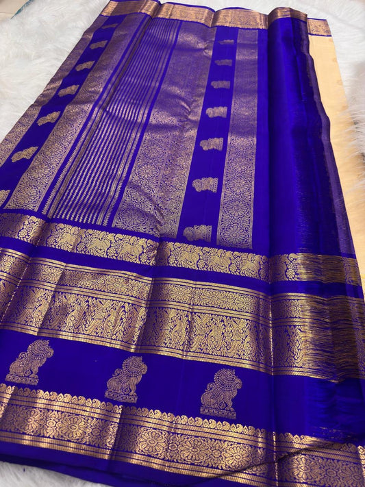 Royal Blue Korvai border with Vanasringaram floral zari motifs on Kanchi Pattu saree — Idam Living