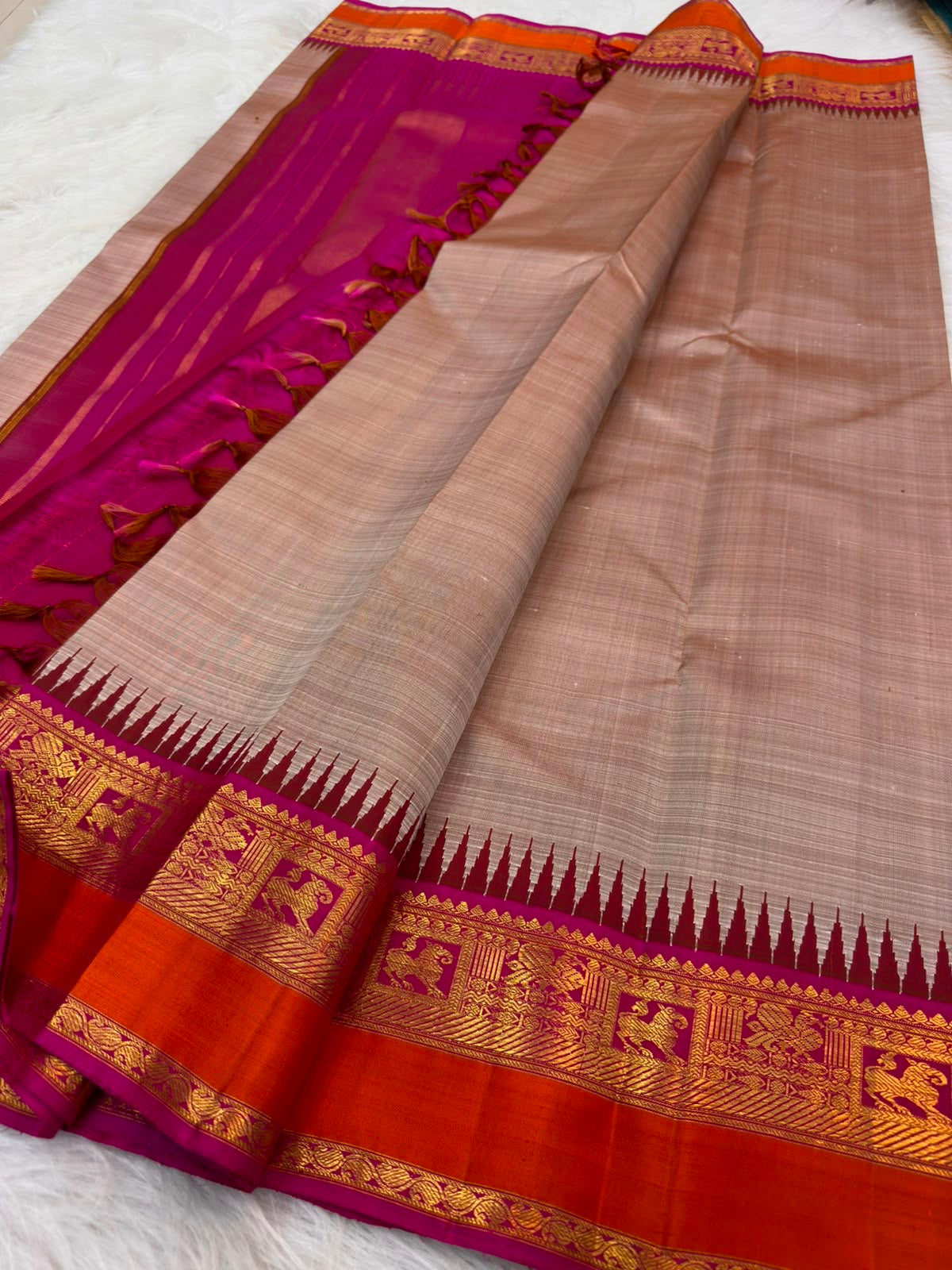 Warm Beige Kanchipuram Korvai silk saree body with Pillayar Reku border detail