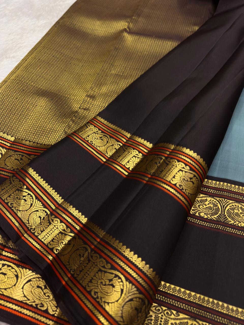 Korvai rettapet Kanchipuram silk saree ash blue body with cocoa brown contrast border and gold zari Idam Living