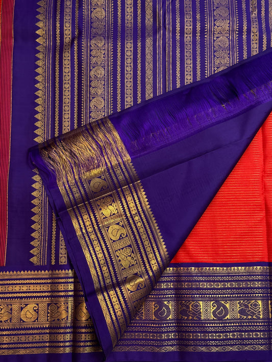 Royal blue border with gold zari motifs on kungumapoo orange Kanchipuram silk saree