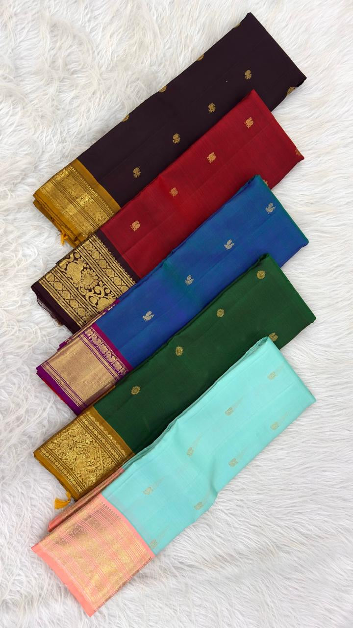 Deep Chilli Red Handwoven Pure Silk Kanchi Pattu Saree with Gold Zari Buttas and Antique Gold Border
