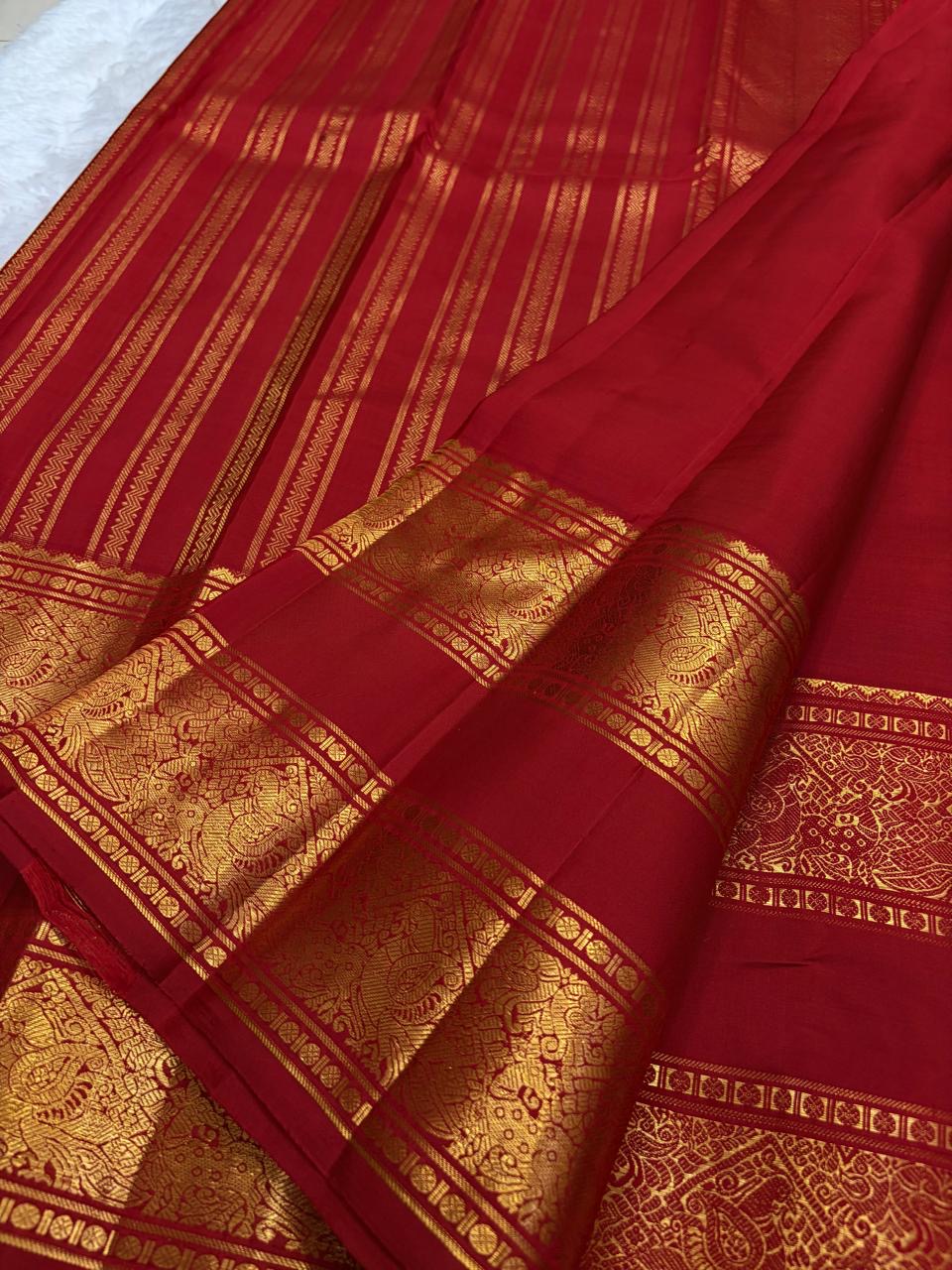 Kumkum Red and Antique Gold Handwoven Pure Silk Kanchipattu Saree with Rettapet Border and Mayil Chakram Butta