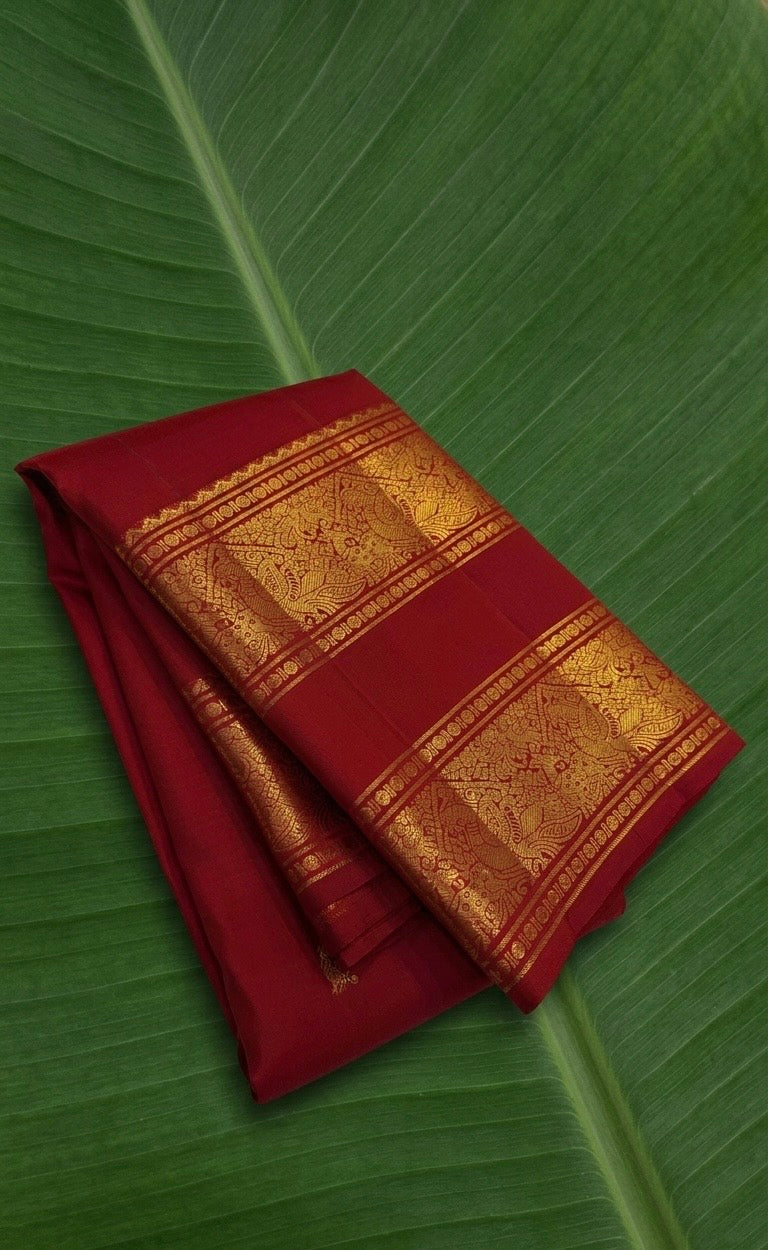 Kumkum Red and Antique Gold Handwoven Pure Silk Kanchipattu Saree with Rettapet Border and Mayil Chakram Butta