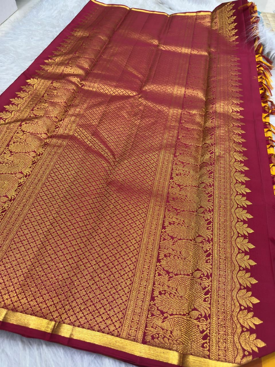 Paalum Pazhamum Kancheepuram silk in auspicious kumkum and manjal colour combination