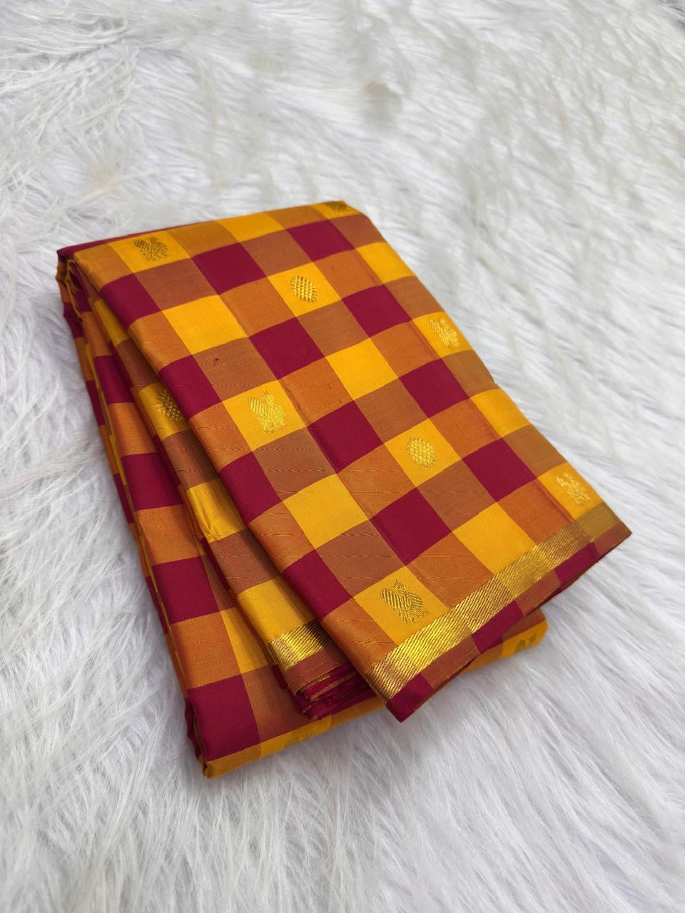 Kumkum red and manjal yellow Paalum Pazhamum Pure Silk Kanchipuram saree with zari buttas