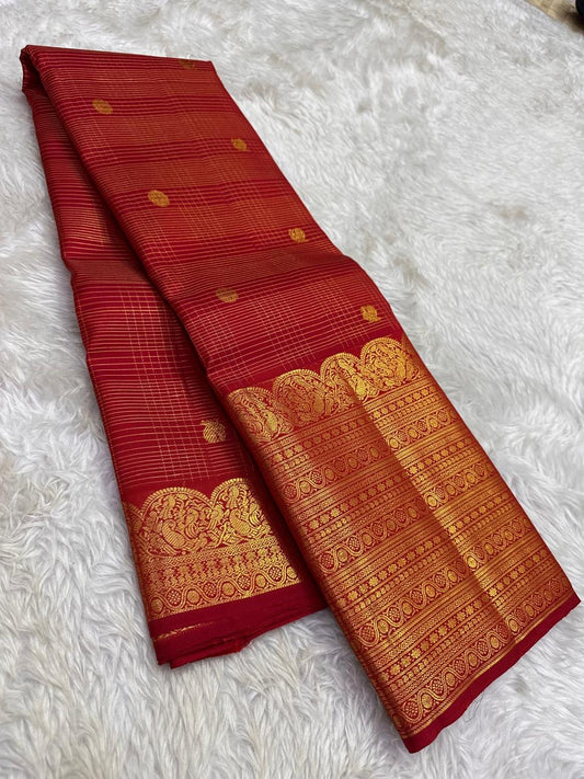 Fine classic-gold Zari Kattam forming measured geometry across saturated Kumkumam Red silk.