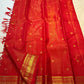 Close-up of the gold zari border on the Kumkumam red Kanjivaram silk saree