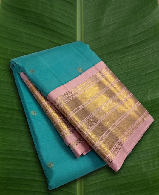 turquoise blue Kanchipuram silk saree with kv weave folded view