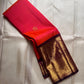 Kanchipattu silk saree in double shade tomato red with hot pink plum purple border border Korvai weave traditional zari detail