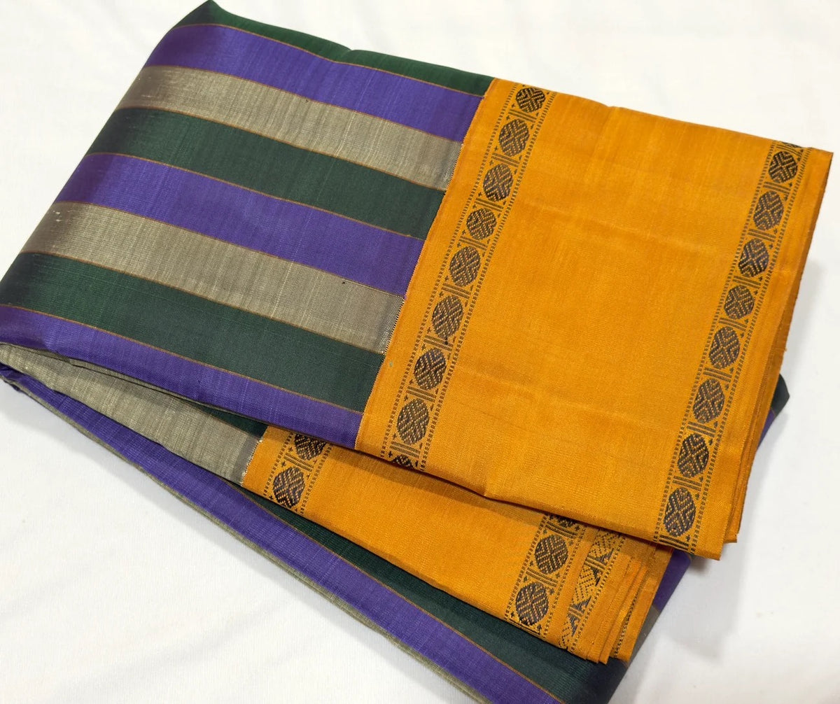 Lavender Green and Grey Handwoven Premium Zariless Korvai Kanjivaram Saree with Golden Mustard Rettapet Borders full saree view showing body, border and pallu.