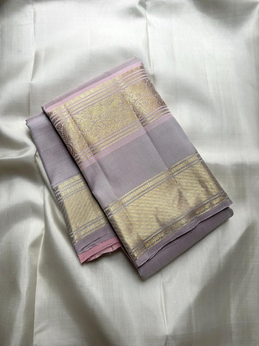 Misty Lavender-Grey Handwoven Pure Silk Kanchipuram Saree with Blush-Pink Rettapet Border and Gold Zari Buttas