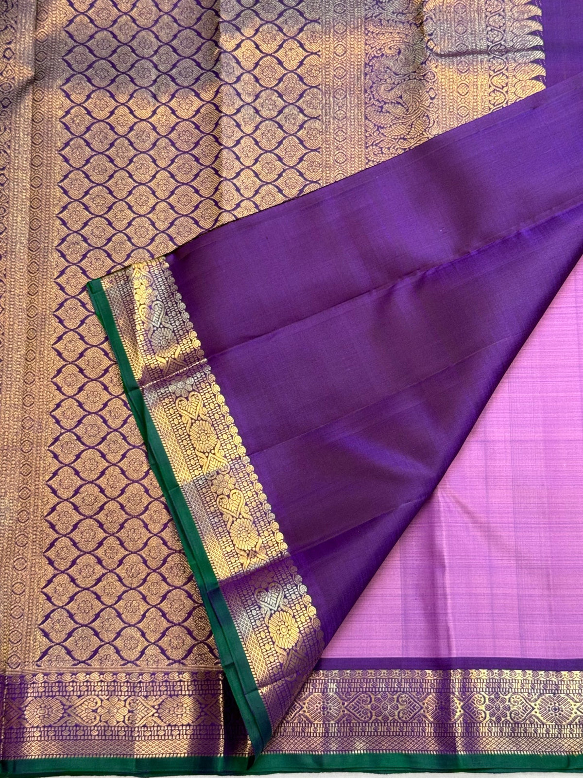 Kathiripoo lavender Kanjivaram butta saree draped, handwoven pure silk