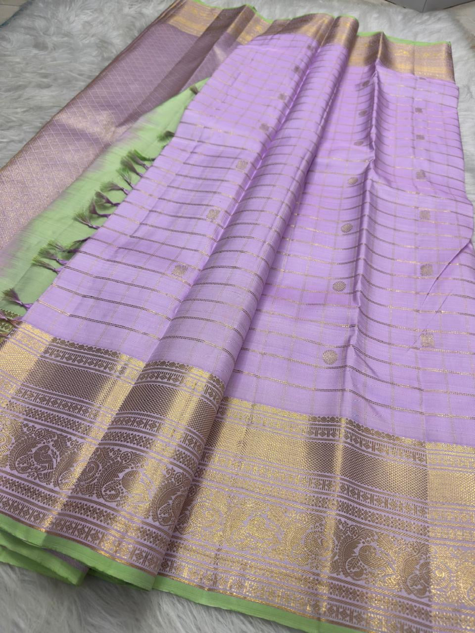Lavender handwoven Kanchipuram Zari Kattam saree, Idam Living