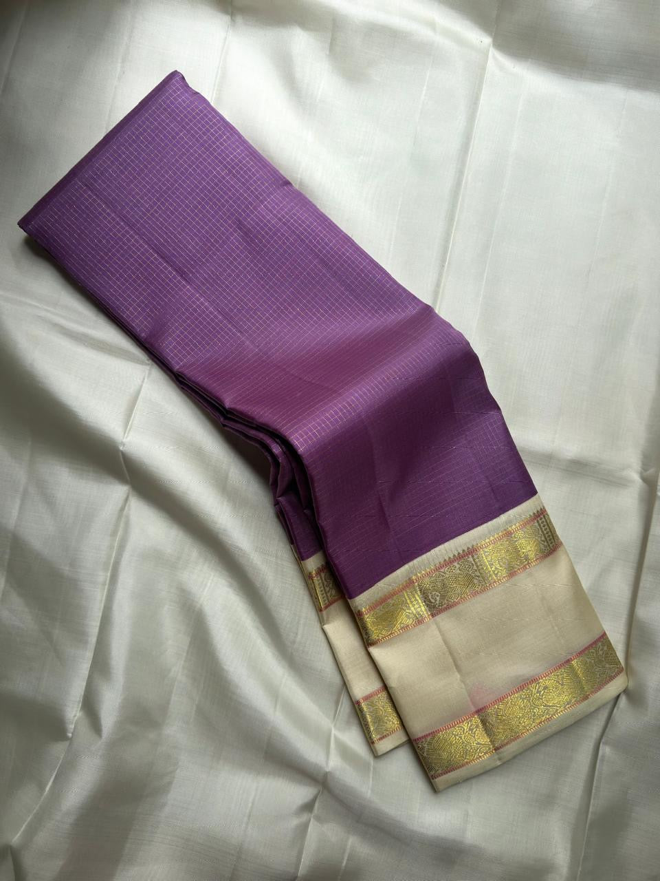 Lavender pure silk Kanchipuram saree with ivory Rettapet border — full saree overview — Idam Living