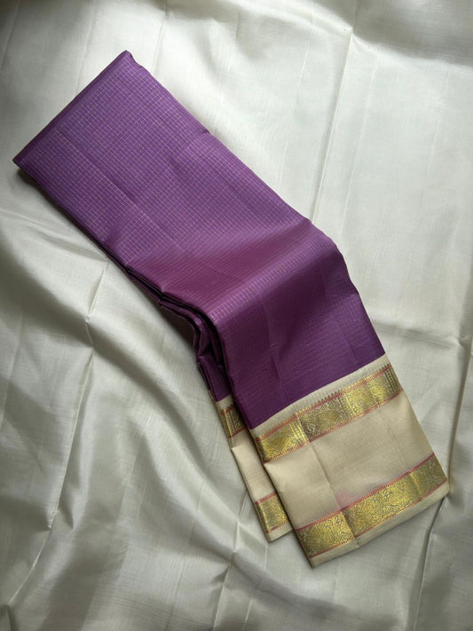 Lavender pure silk Kanchipuram saree with ivory Rettapet border — full saree overview — Idam Living