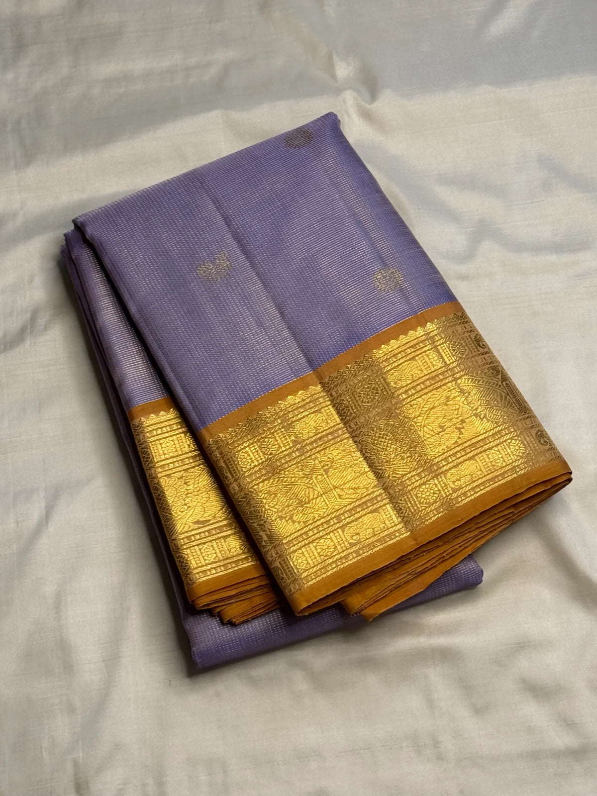 Lavender Kanchipuram silk saree, pallu detail with gold zari