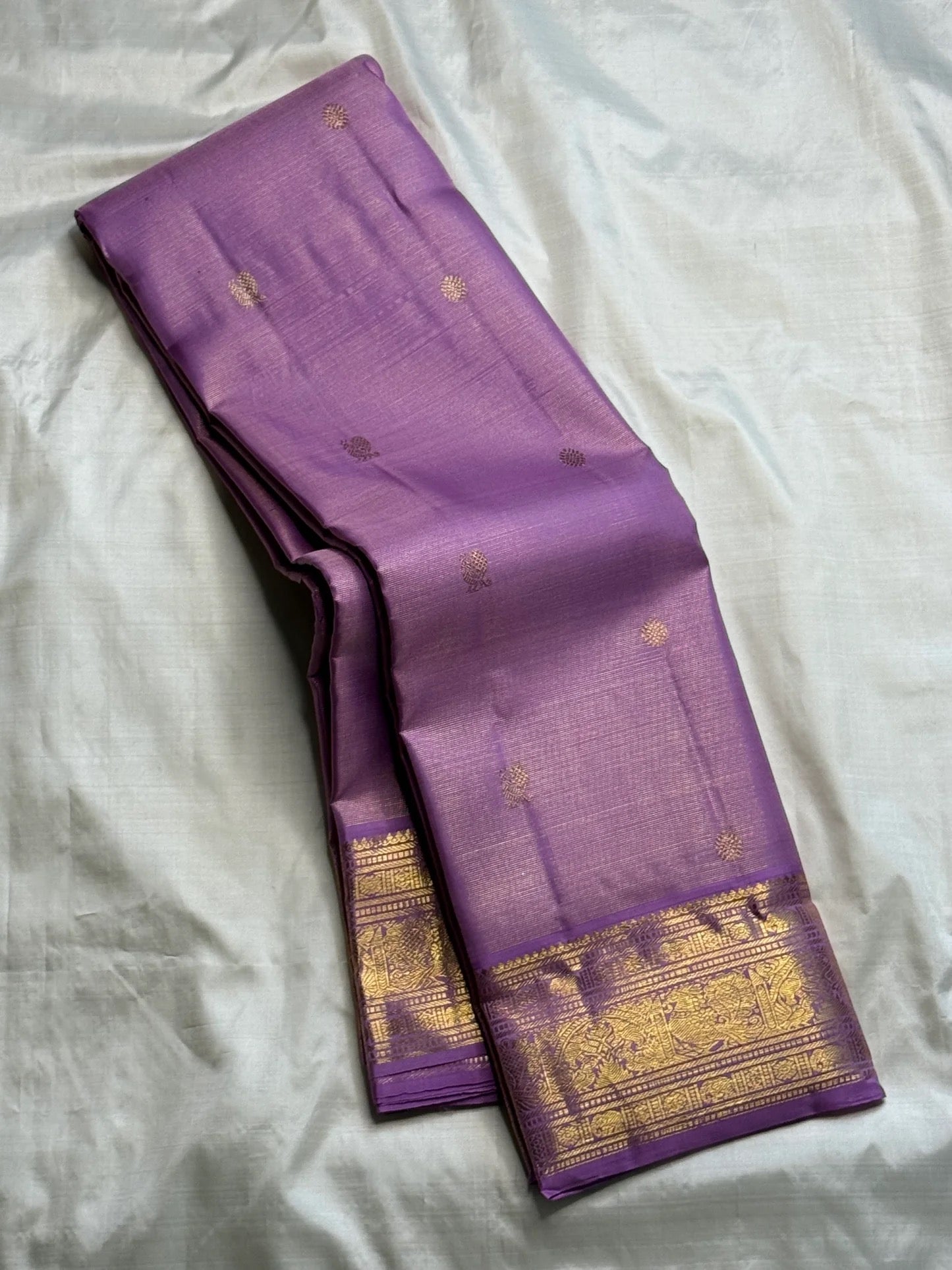 Gold zari vanasringaram border on lavender mauve Kanchipuram pure silk saree — Idam Living