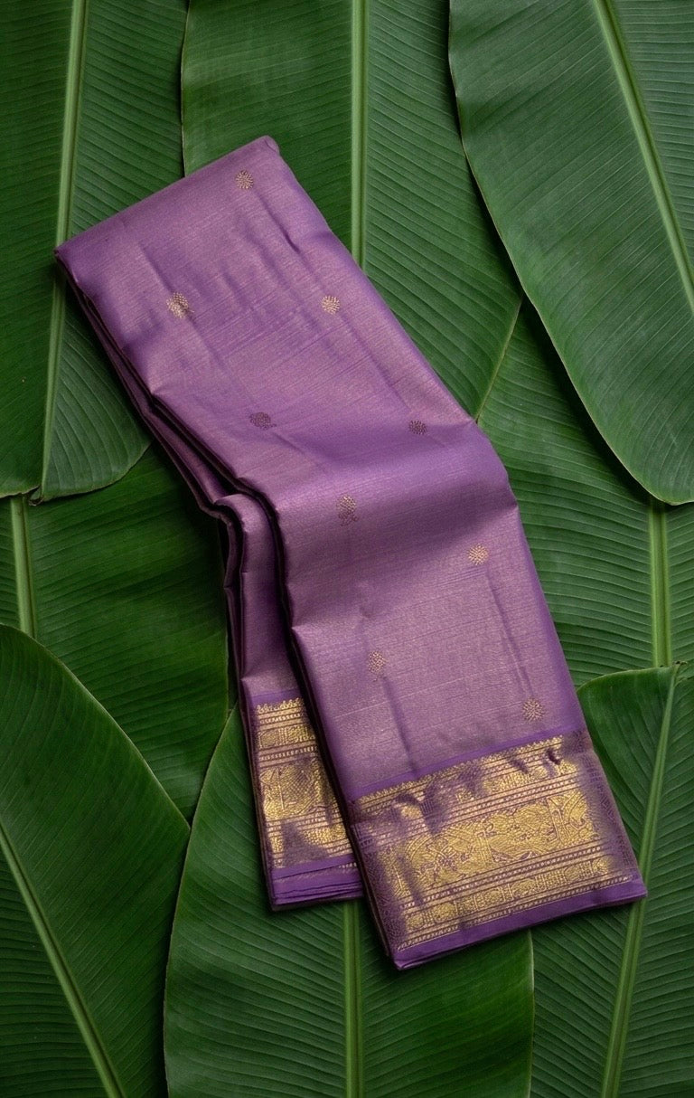 Lavender mauve handwoven Kanchipuram pure silk saree with vairaoosi weave and kamalam butta — Idam Living