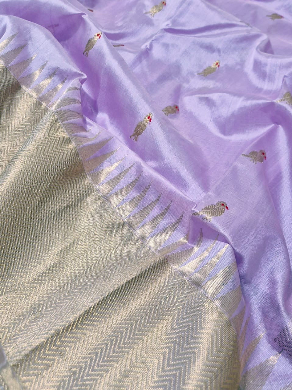 Lavender Minakari parrot Chanderi silk saree with delicate golden buttas