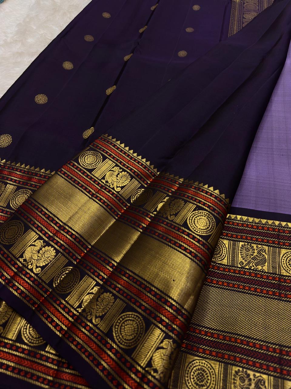 Lavender and navy wedding Kancheepuram silk saree, Silk Mark certified, Kunnam village