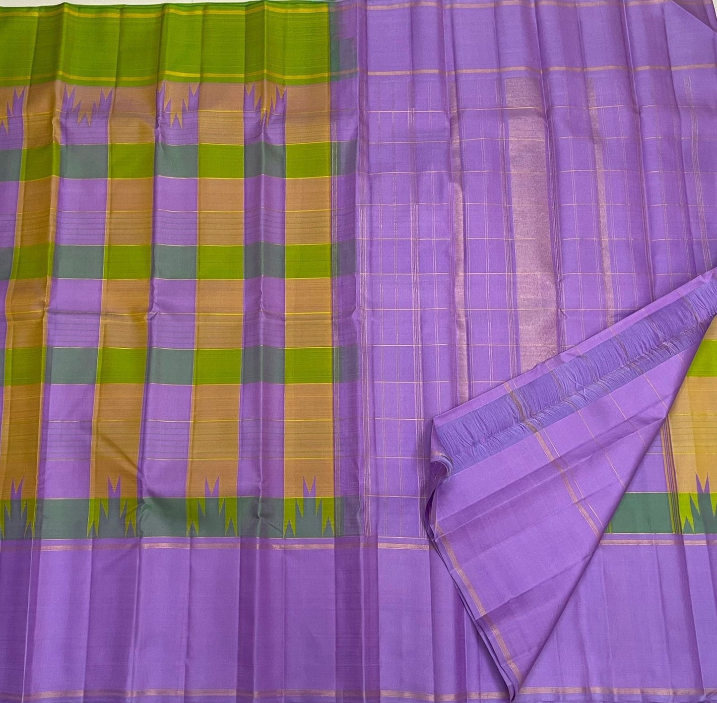 Lavender and Olive Green Handwoven Pure Silk Kanjeevaram Saree with Paalum Pazhamum Checks and Thazampoo Reku Border