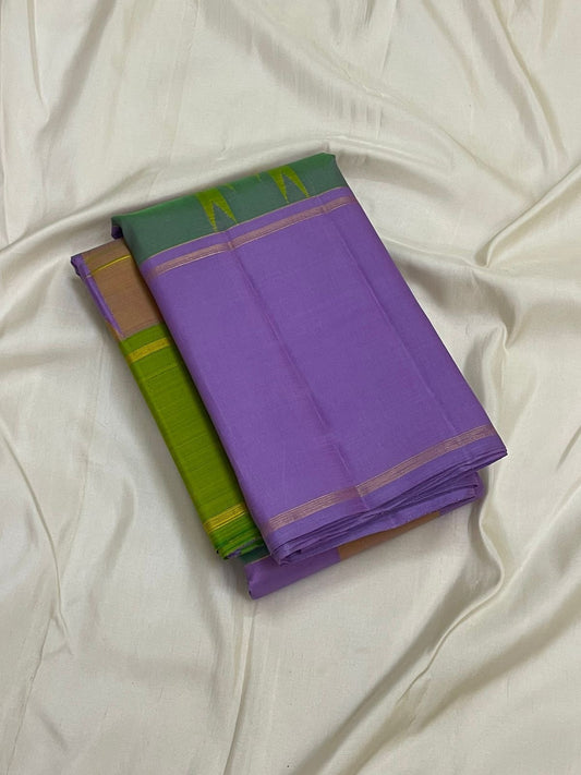 Lavender and Olive Green Handwoven Pure Silk Kanjeevaram Saree with Paalum Pazhamum Checks and Thazampoo Reku Border
