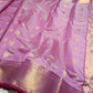Lavender Pink Pattu Silk Chanderi saree with petite gold floral buttas, broad woven gold border and raspberry edging