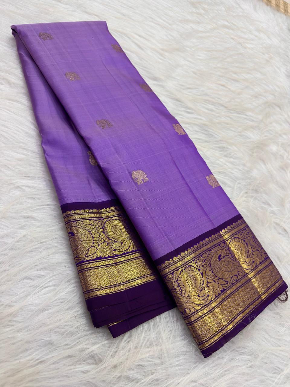 Lavender purple handwoven pure silk Butta Kanjeevaram saree — full saree overview — Idam Living