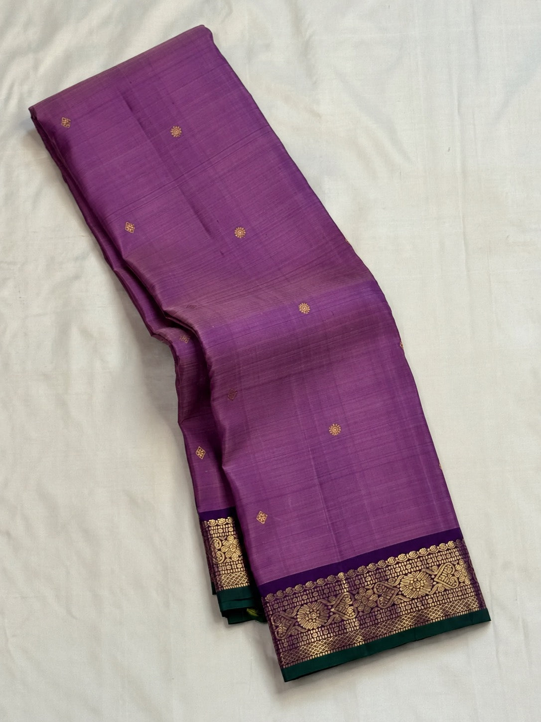 Kathiripoo lavender handwoven pure silk Kanjivaram butta saree with purple zari border, full view