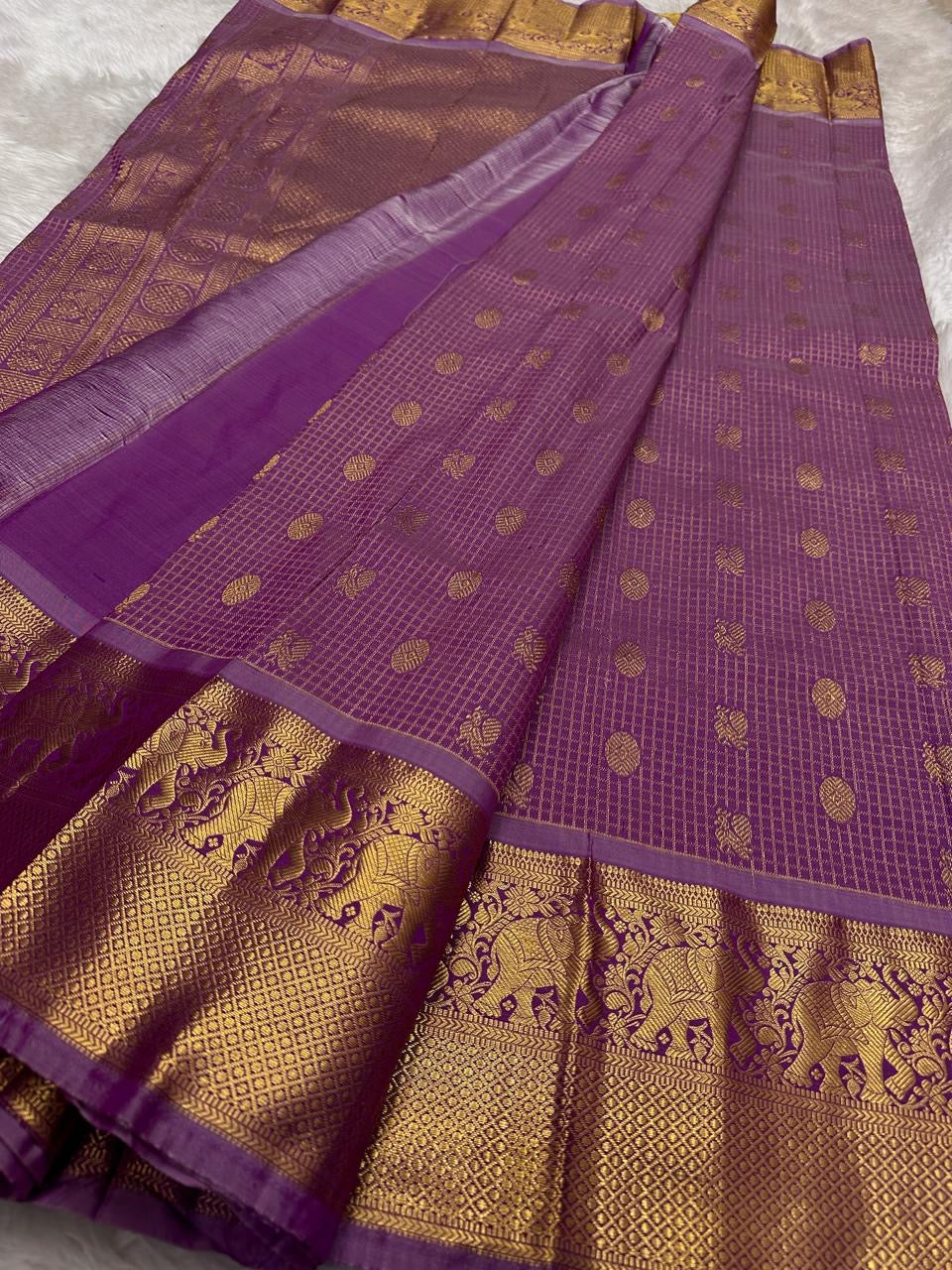 Purple Kanchi Pattu saree with Zari Kattam checks and gold border