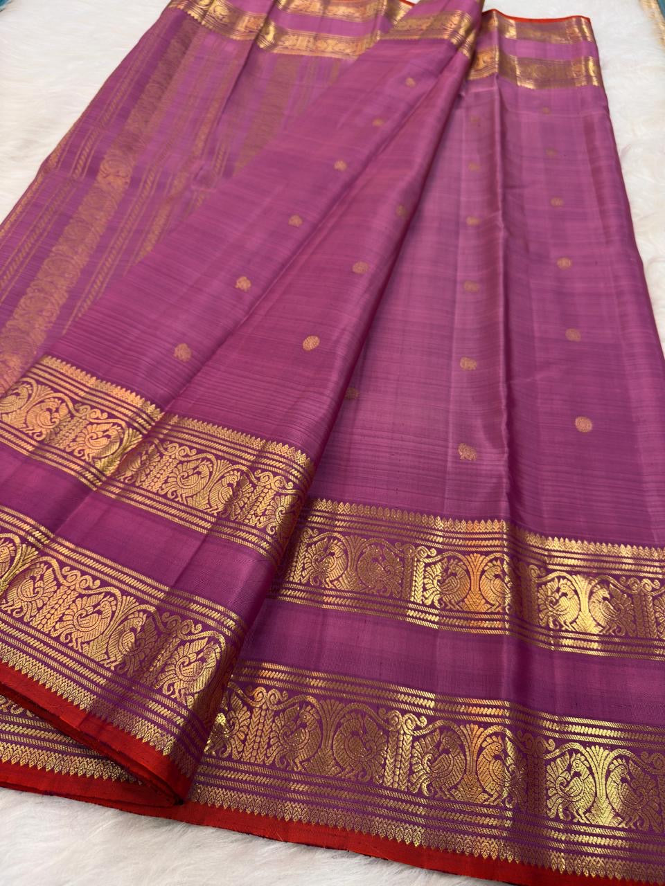 Lavender Rettapet Kancheepuram saree with antique gold zari border detail