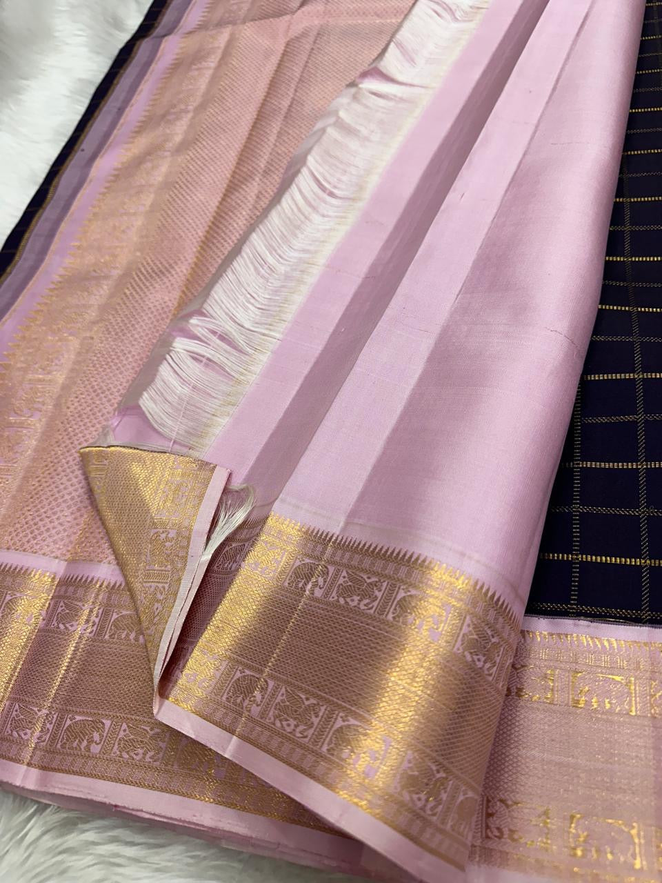Lavender-Grey border with cool Pale Gold zari ornament.