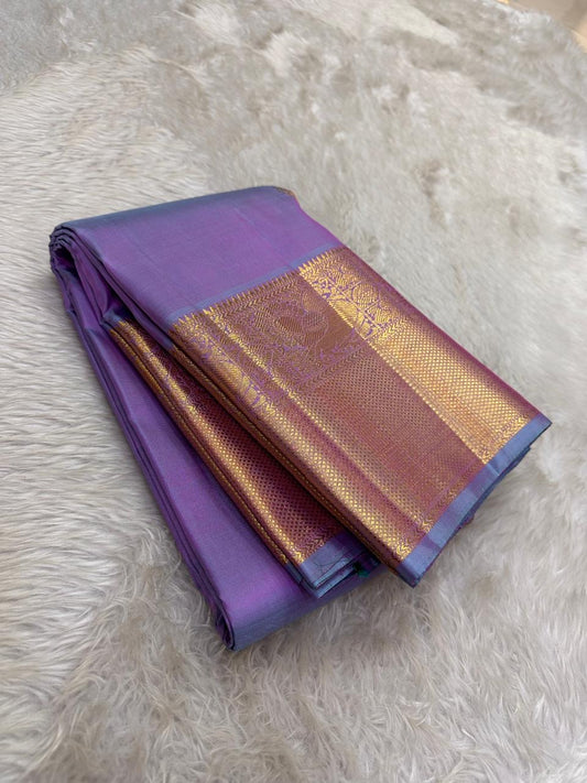 Lavender-sky blue double-shot Butta Pure Silk Kanchipuram saree, full drape
