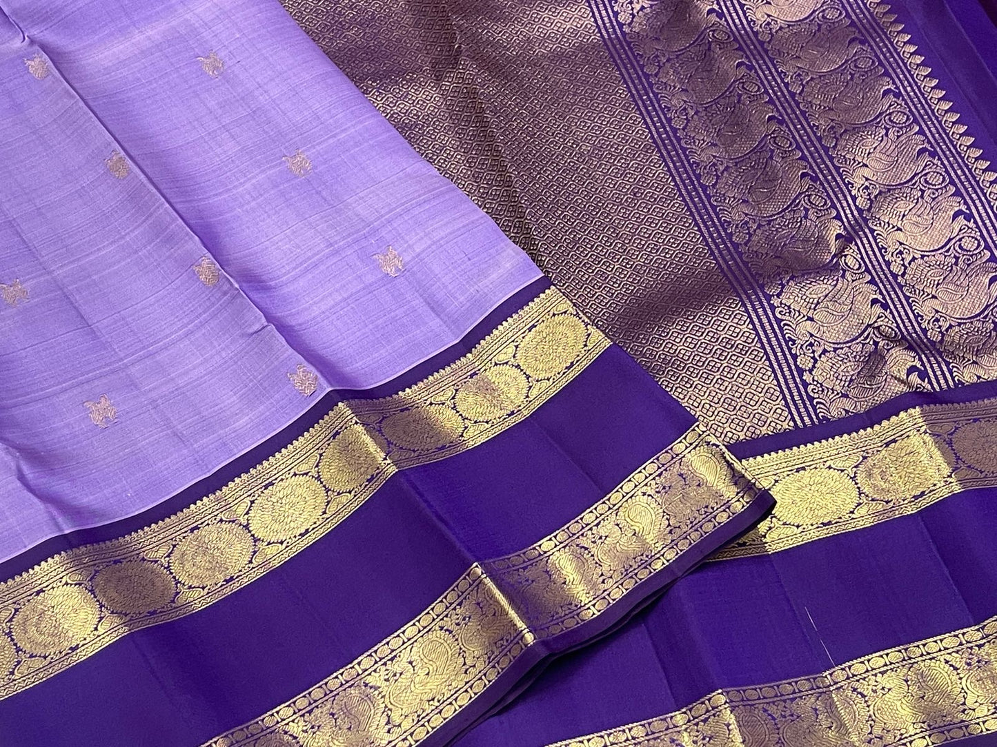 Lavender Violet Handwoven Pure Silk Kancheepuram Rettapet Saree with Deep Royal Purple Gap Border and Gold Zari Buttas