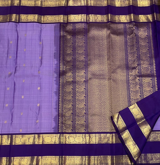 Lavender Violet Handwoven Pure Silk Kancheepuram Rettapet Saree with Deep Royal Purple Gap Border and Gold Zari Buttas