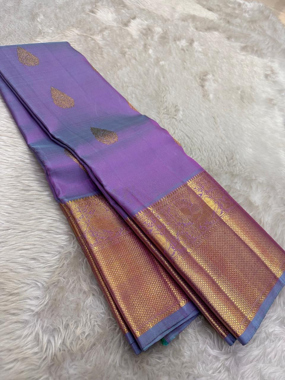 Lavender warp and sky blue weft double-shot Pure Silk Kanchipuram saree