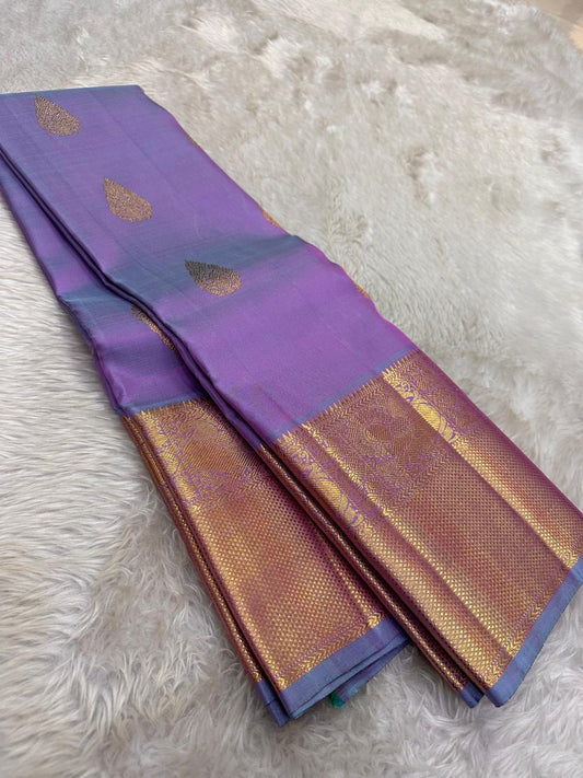 Lavender warp and sky blue weft double-shot Pure Silk Kanchipuram saree