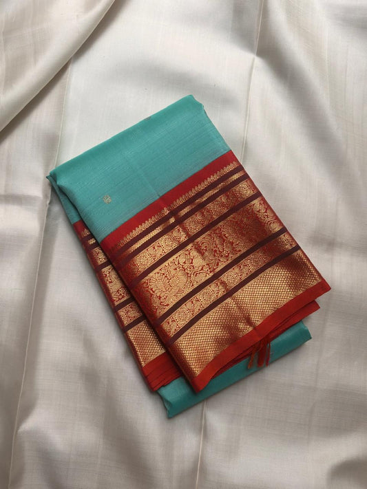 Close view of elaborate layered zari border on Varisaipet Kanchipuram saree