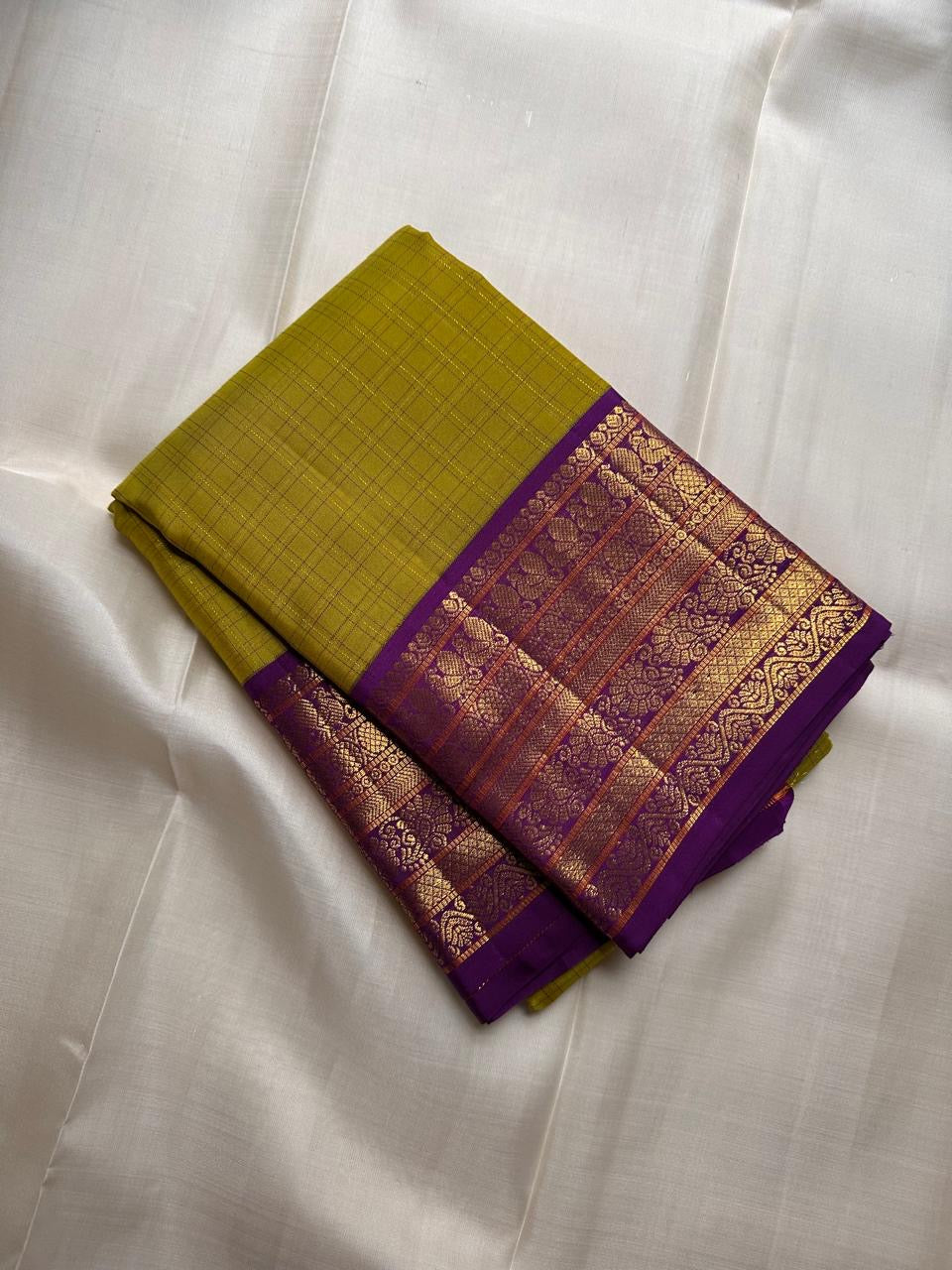 Leaf Green Kancheepuram silk saree – royal purple border — Idam Living