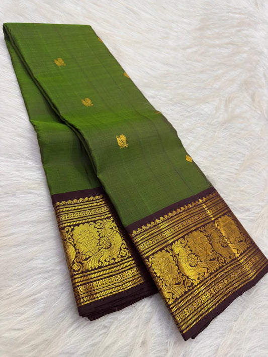 Leaf Green Handwoven Pure Silk Kanjipuram Saree with Deep Maroon Korvai Zari Border