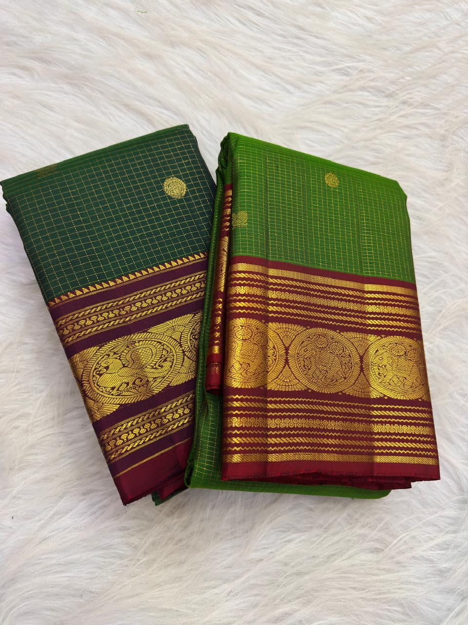 Leaf Green Handwoven Pure Silk Kanchi Pattu Zari Kattam Saree — full saree view — Idam Living