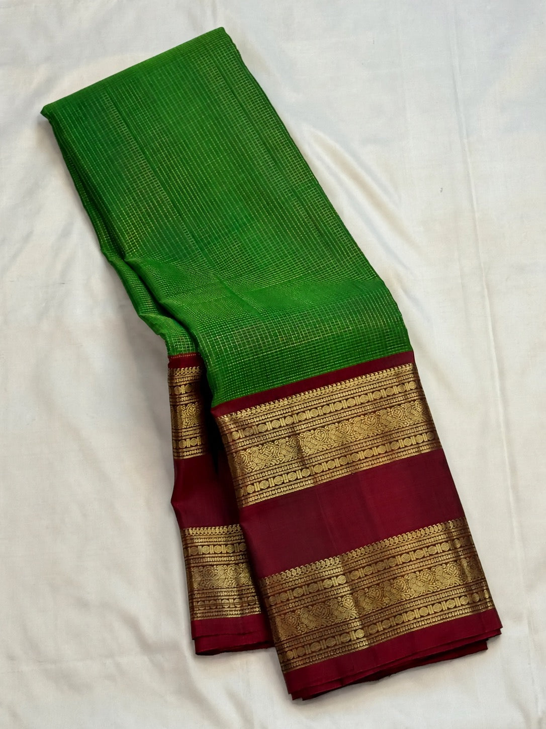 Luminous Leaf Green and Maroon handwoven pure silk Kanjivaram Zari Kattam saree, full view