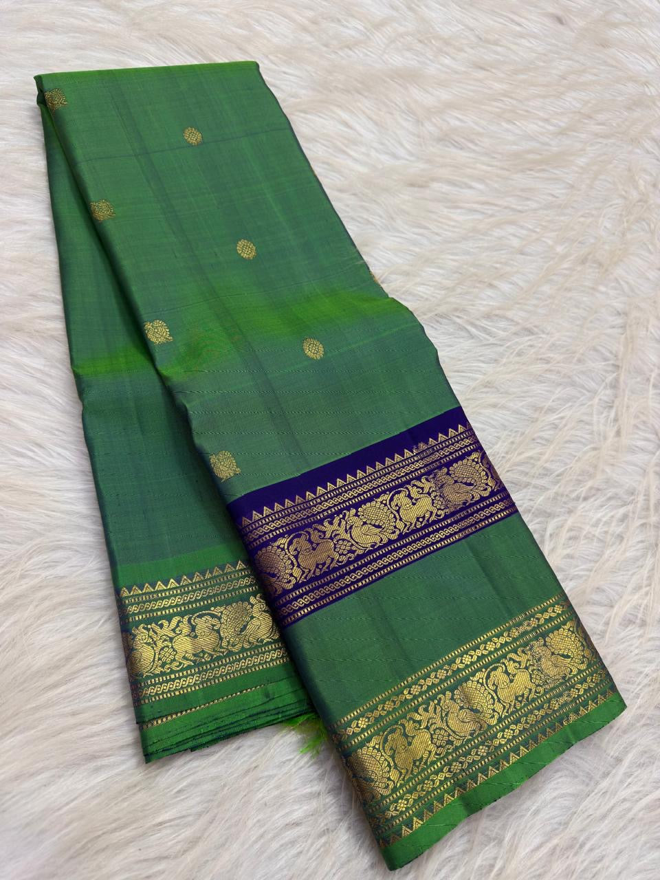 Leaf Green Handwoven Pure Silk Kanjipuram Rettapet Saree with Navy Blue Bird Motif Gold Zari Border